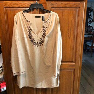 Apostrophe Brand Tan tunic dress/shirt w/ brown embroidery size M (8-10)